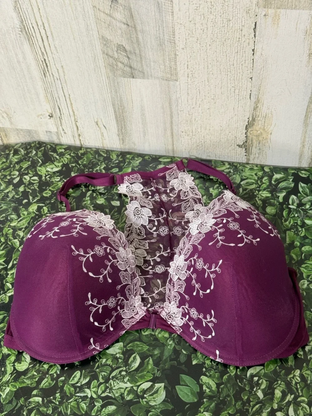 Rene Rofe Plum Lace Racerback Underwire Bra with White Embroidery - Picture 8 of 9